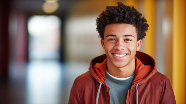 Adolescente feliz com cabelos encaracolados sorrindo casaco vermelho elegante fundo interior moderno