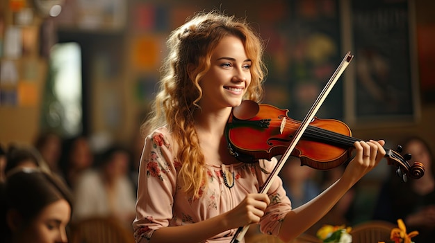 Una adolescente feliz y sonriente tocando el violín en el aula en el fondo de la escuela Escuela de música clases creativas adicionales curso de educación adicional para niños IA generativa