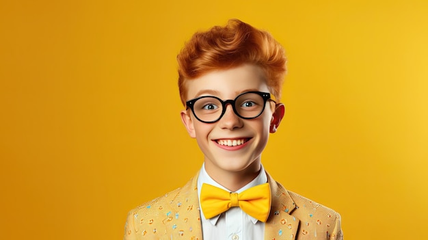 Adolescente con gafas de pelo de jengibre y pajaritas aislado sobre fondo amarillo