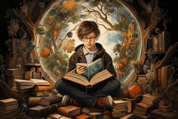 Adolescente con gafas sentado en la biblioteca y leyendo libros Aprendiendo concepto de estudio