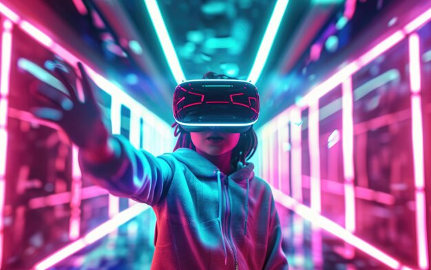 Foto adolescente gosta de jogo de esportes vr em metaverso futurista