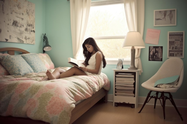 Foto adolescente hispana leyendo libros en el dormitorio casual relajante pastel ai generativa aig23