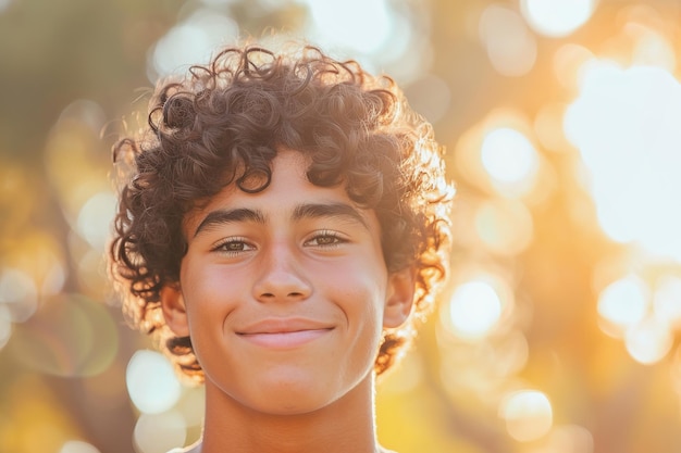 Adolescente hispânico com expressão serena durante o pôr do sol no parque