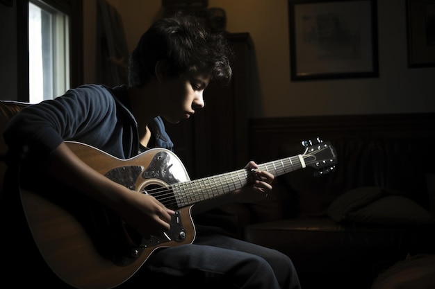Adolescente hispano masculino tocando la guitarra en la sala de música actividad música generativa AI AIG23