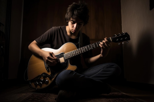 Adolescente hispano masculino tocando la guitarra en la sala de música banda de música de actividad generativa AI AIG23