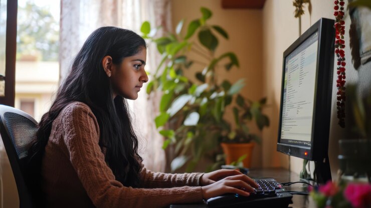 Foto una adolescente india se centró en la pantalla de su computadora mientras estudiaba en casa con