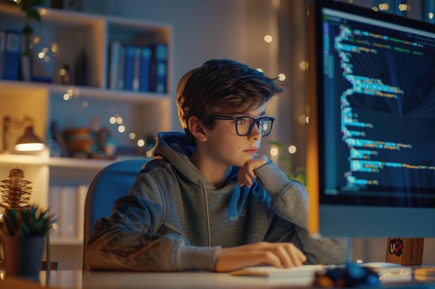 Un adolescente inteligente con gafas chequeando el código de programación en la pantalla de la computadora mientras está sentado en su escritorio