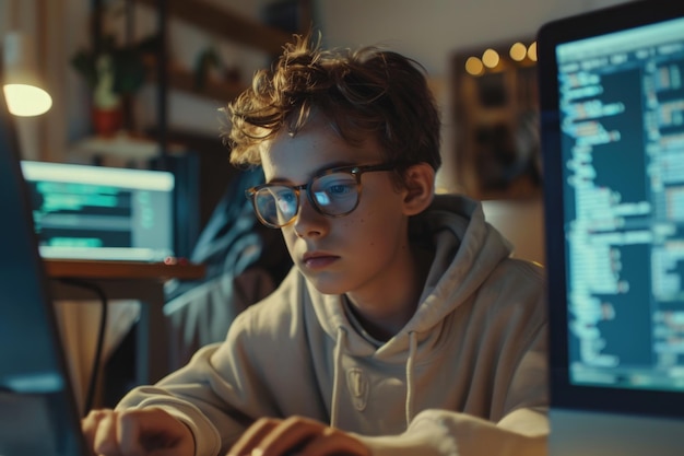 Un adolescente inteligente con gafas chequeando el código de programación en la pantalla de la computadora mientras está sentado en su escritorio