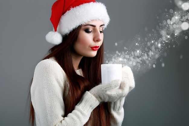 Adolescente joven y hermosa en sombrero de santa con taza de café caliente