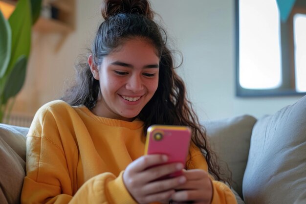 Adolescente latina alegre abraça conectividade digital Felicidade evidente enquanto usa smartphone em Ho