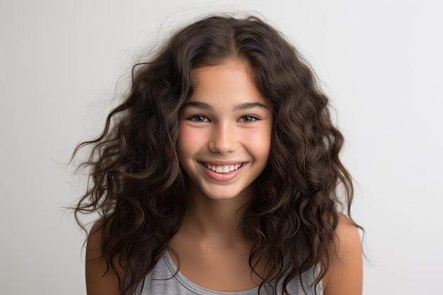 Adolescente latina con cabello largo marrón oscuro en una camiseta blanca sonriendo a la cámara