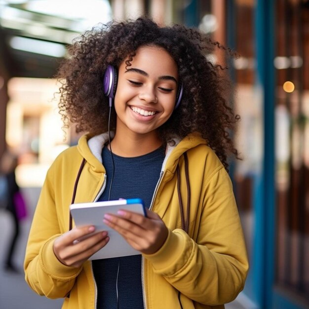 Foto adolescente latina usar fones de ouvido segurar telefone aprendizagem on-line em aplicativo móvel