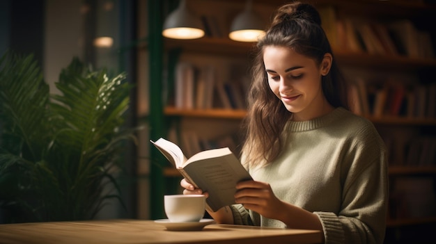 Foto una adolescente leyendo un libro en la biblioteca.