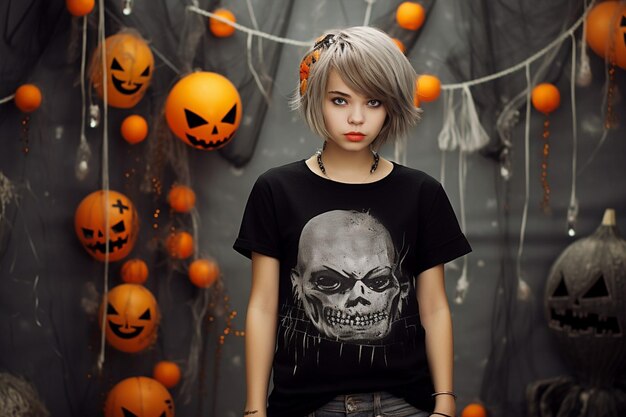 Foto una adolescente lleva una camiseta con temática de halloween