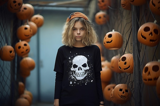 Foto una adolescente lleva una camiseta con temática de halloween