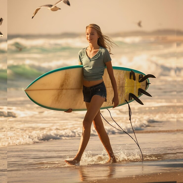 Foto adolescente magra caminhando perto da costa com uma prancha de surf na praia