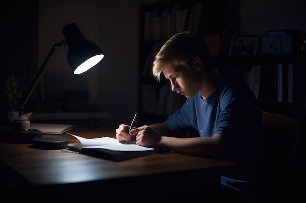 Adolescente masculino caucasiano fazendo lição de casa na sala de estudo estudando inteligente Generative AI AIG23