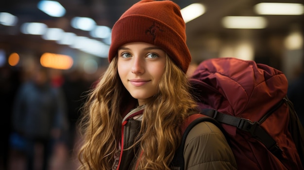 Adolescente con mochila esperando en el aeropuerto para viajar