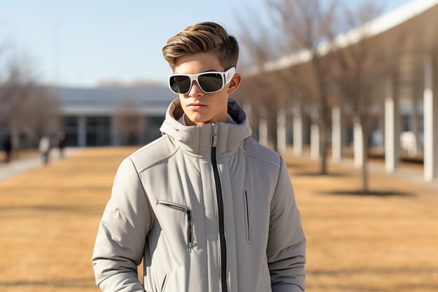 Adolescente a la moda con chaqueta de invierno y gafas de sol posa al aire libre