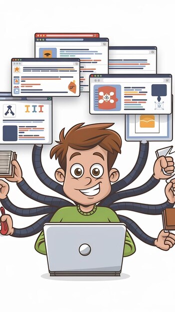 Adolescente con muchos brazos usando una computadora portátil para estudiar varias materias académicas multitarea