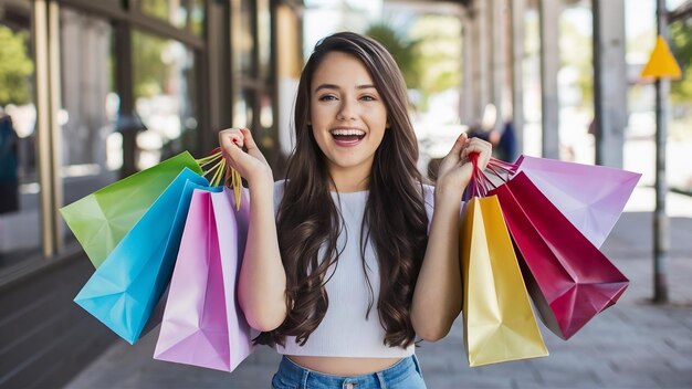 Una adolescente muy feliz y emocionada con bolsas de compras de colores.