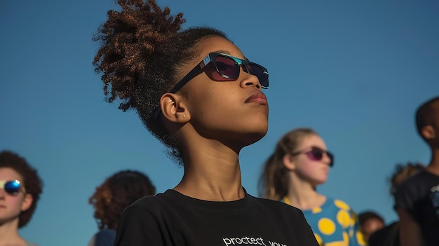 Una adolescente negra en una reunión festiva para ver un eclipse solar total espera que suceda