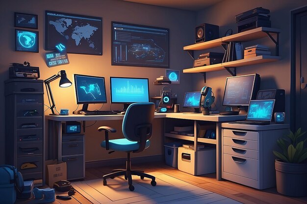 Foto adolescente niño dormitorio noche interior gamer programador hacker o comerciante habitación con múltiples monitores de computadora en el escritorio de trabajo