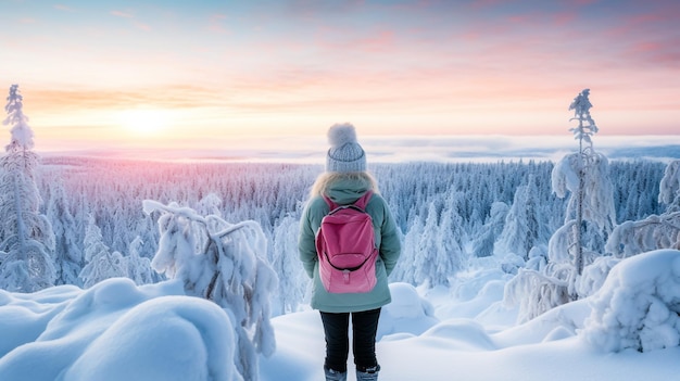 Adolescente olhando para árvores cobertas de neve desfrutando de um dia gelado de inverno