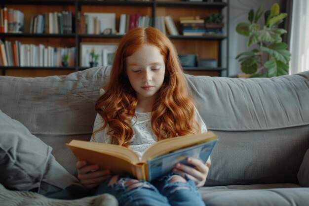 Una adolescente pelirroja feliz leyendo un libro en el sofá.