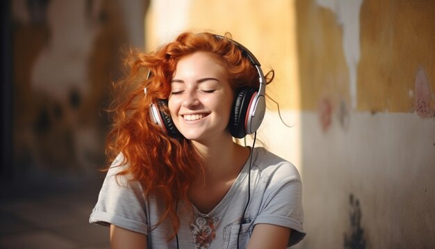 una adolescente pelirroja feliz sentada como una modelo hipster