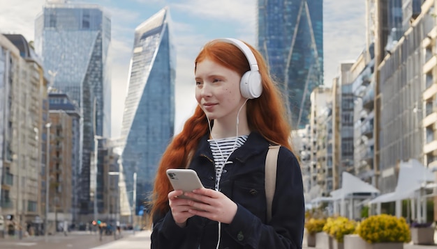 Adolescente pelirroja de pie en la calle urbana rascacielos de fondo con auriculares usando teléfono inteligente