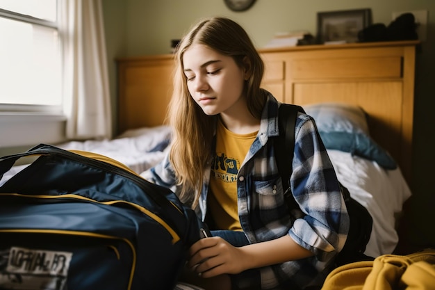 Adolescente pensativo empacando su mochila en su cama IA generativa