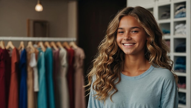 Una adolescente con piel bronceada y cabello ondulado eligiendo qué vestirse tiene una gran sonrisa en la pose de modelo.