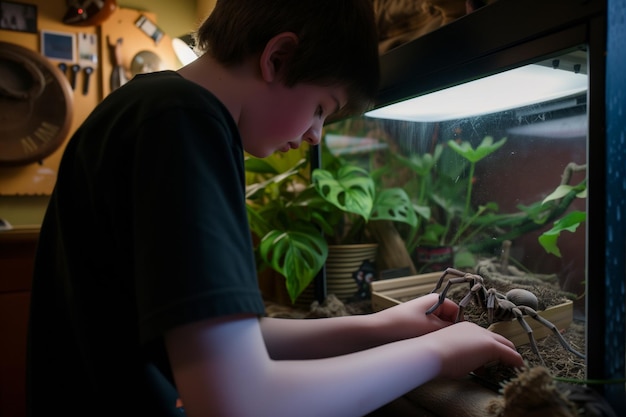 Adolescente preparando un vivario para una tarántula