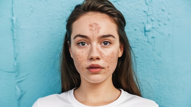 Adolescente con problema de acné en primer plano de fondo blanco