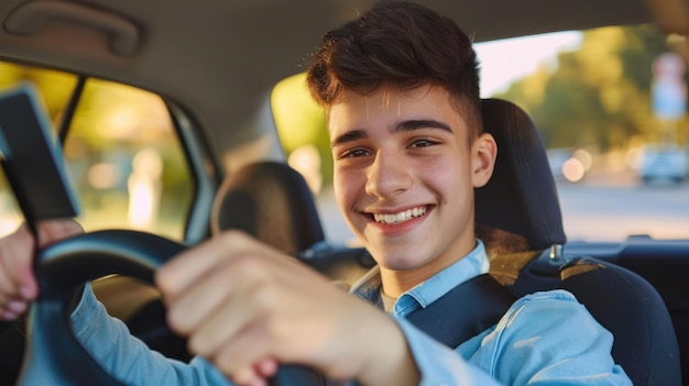 Un adolescente que pasa un examen de conducción y recibe su licencia sonriendo de orgullo y logro