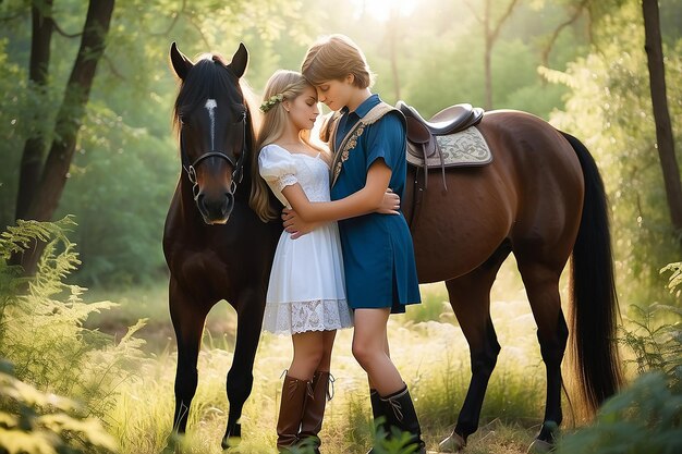 Un adolescente rubio y una chica vestidos con un vestido fluido se sientan en un caballo de cría de caballos en el bosque de otoño