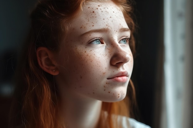 adolescente sardenta facial close-up retrato lateral muito jovem modelo mulher rosto limpo