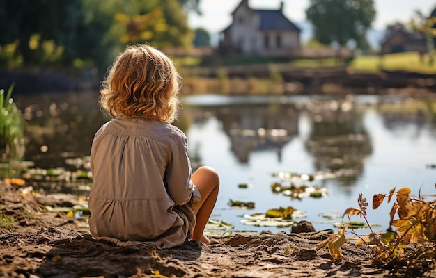 Adolescente sentado de fato de banho perto da borda da lagoa vestindo roupas casuais
