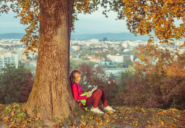 adolescente sentado debaixo de uma árvore de outono em uma colina no pôr do sol