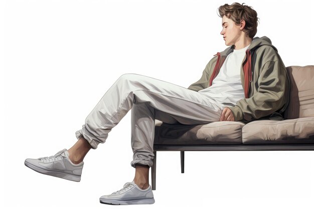Foto adolescente sentado en el sofá contra un fondo blanco con viñeta un joven haciendo estiramiento de piernas sección superior vista lateral recortada caras no reveladas sin deformación ai generada
