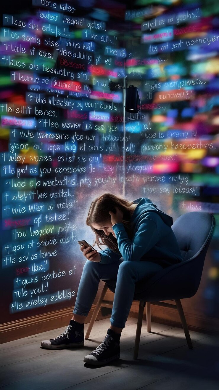 Foto adolescente siendo acosado por el teléfono inteligente