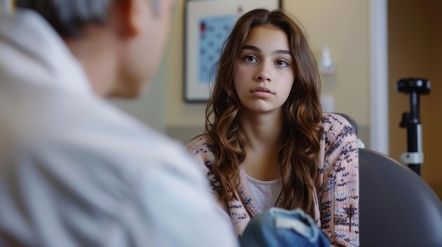 Foto un adolescente se sienta nervioso en el borde de la mesa de examen mientras el endocrinólogo explica los efectos