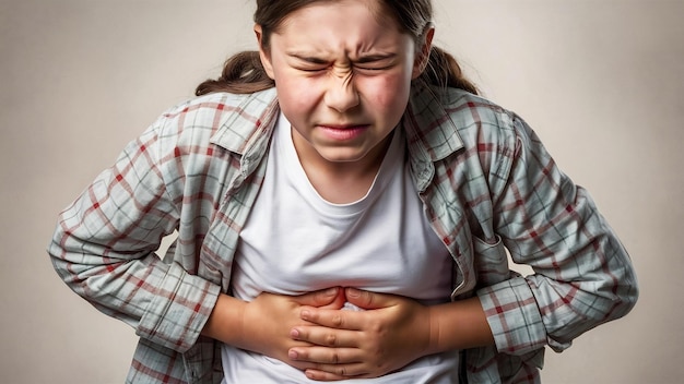 Adolescente sofrendo de dor de estômago em camiseta quadradinha e olhando dolorosa vista frontal