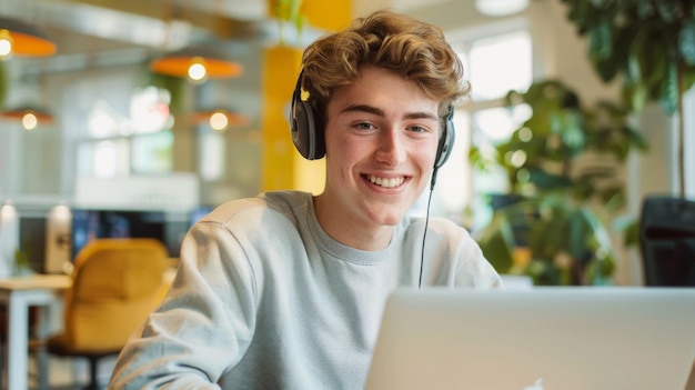 Un adolescente sonriente con auriculares
