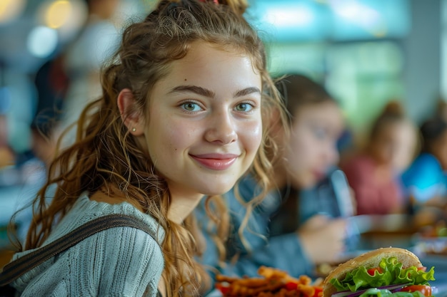 Una adolescente sonriente disfrutando de una comida saludable en la cafetería de la escuela