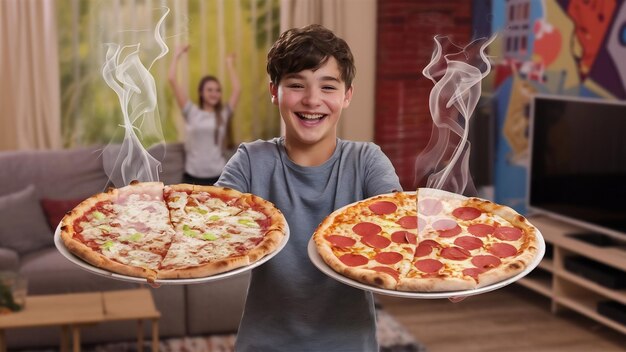 Adolescente sonriente con dos pizzas en la mano
