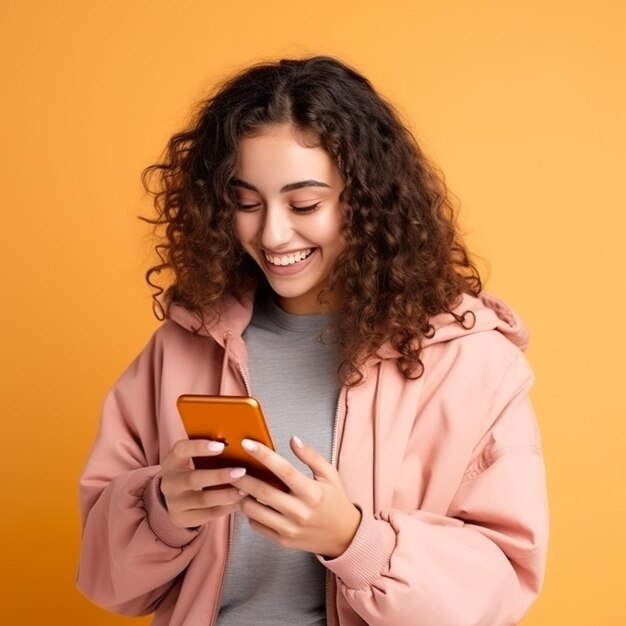 Una adolescente sonriente mirando su teléfono.