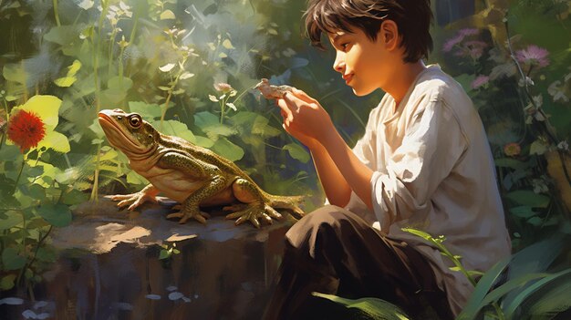 Foto un adolescente y su rana mascota observando el papel tapiz