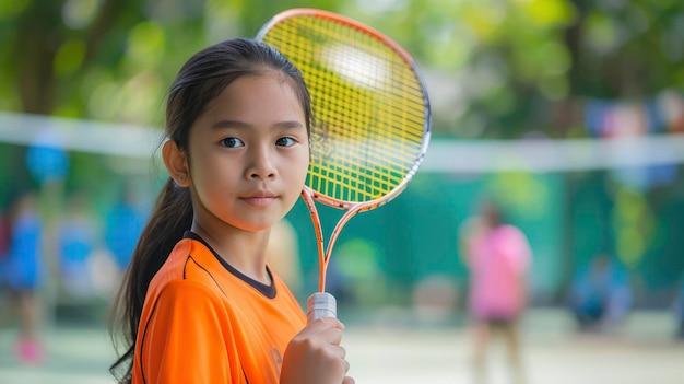 Una adolescente del sudeste asiático con una expresión enfocada y una raqueta de bádminton está jugando en un torneo en Jakarta, Indonesia